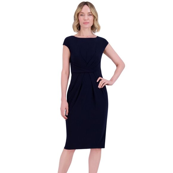 Jessica Howard Petite Pleat-Front Cap-Sleeve Boat-Neck Dress - Navy (NWT, 12P) - Picture 1 of 4